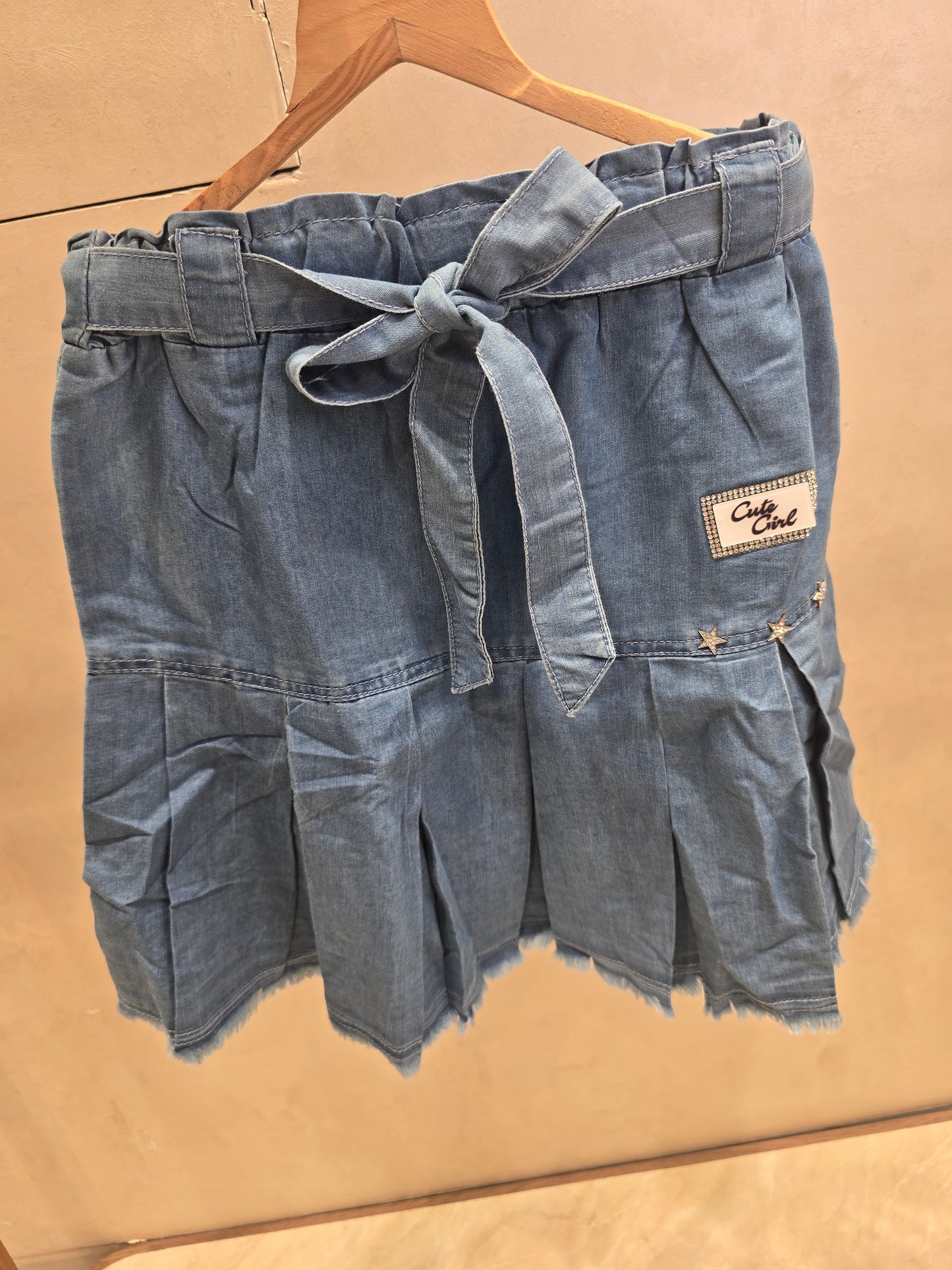 Girls Silky Denim Mini Skirt in Sky Blue with Elastic Waistband and Attachable Tie for Summer Casual Wear