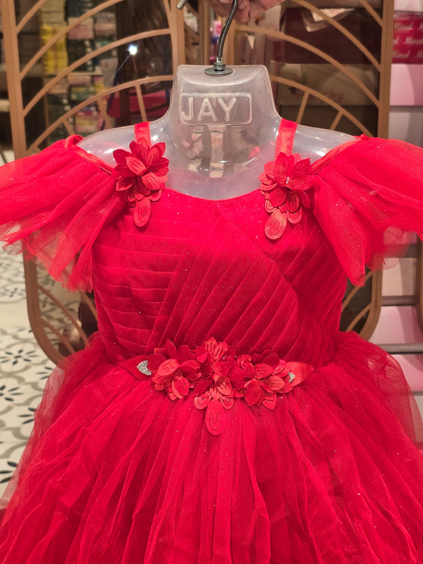 Girls Red Glitter Knitted Cool Shoulder Gown