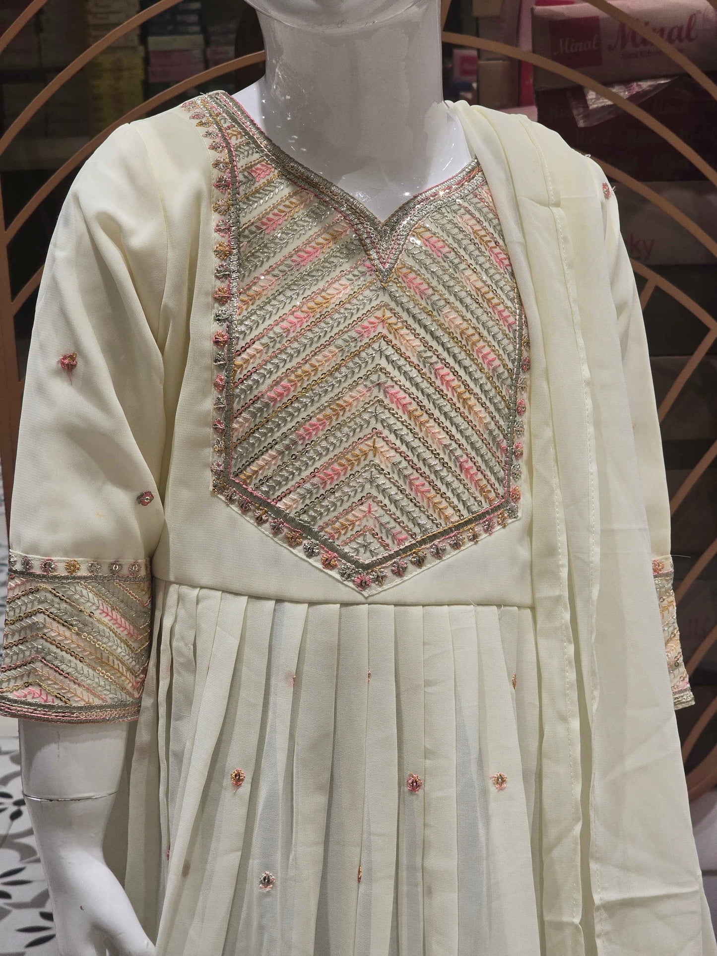 Chiffon material Teel blue color Anarkali kurta with zari embroidery