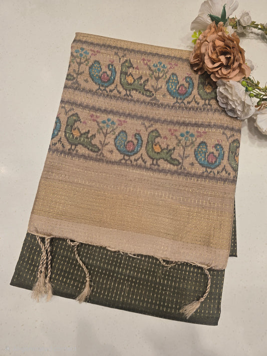Soft Tussar Silk Saree with Jute Pallu & Fine Jari Lines | Beige Art Blouse | Lightweight Normal Wear Saree