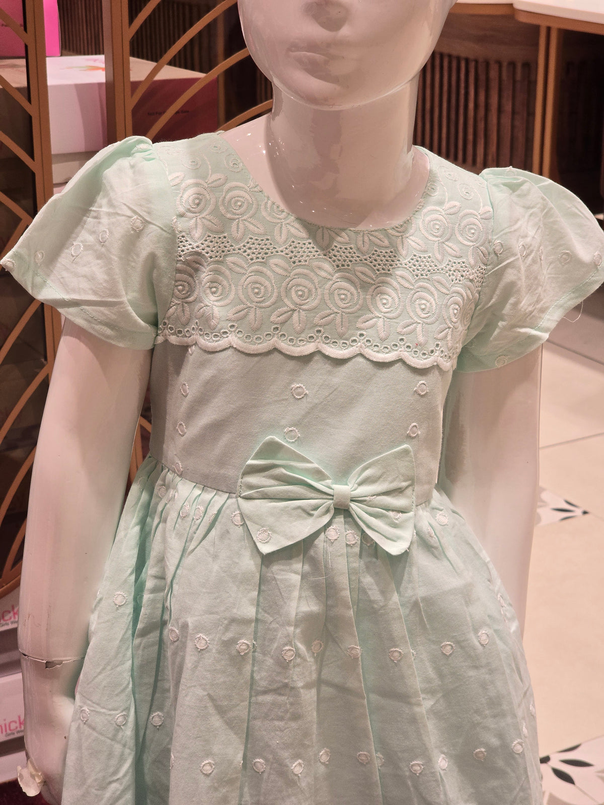 Pista Green Cotton Party Frock for Girls