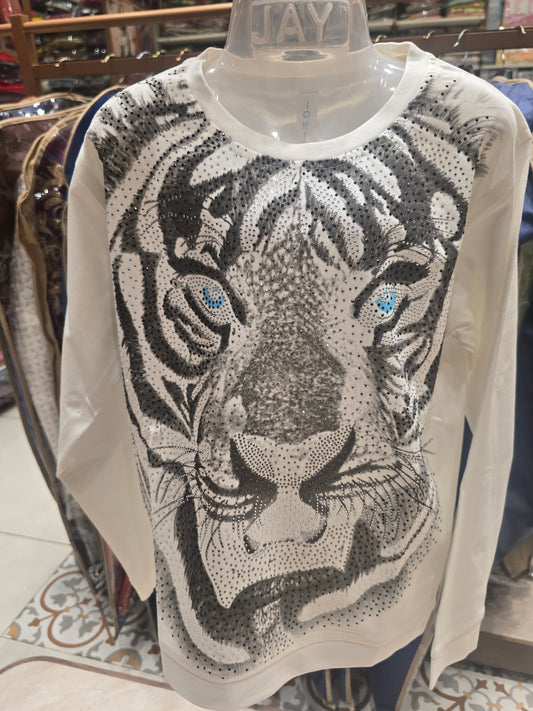 White colored Imported  digital lion with stone print full sleeve t-shirt