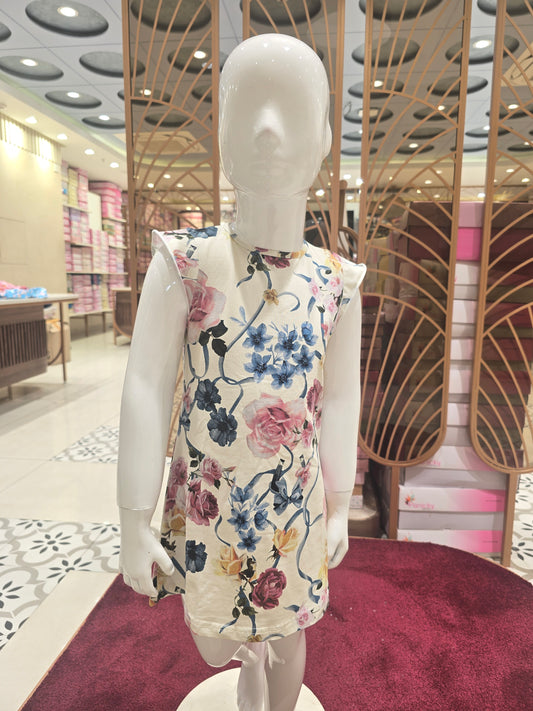 Girls Floral Printed Crepe Short Frock with Megha Sleeves