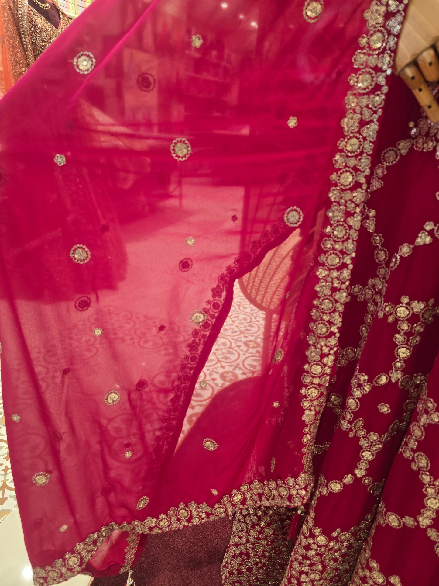 Bridal Georgette Lehenga – Pink Shade with Heavy Sequins Work, Round-Neck Blouse & Matching Dupatta