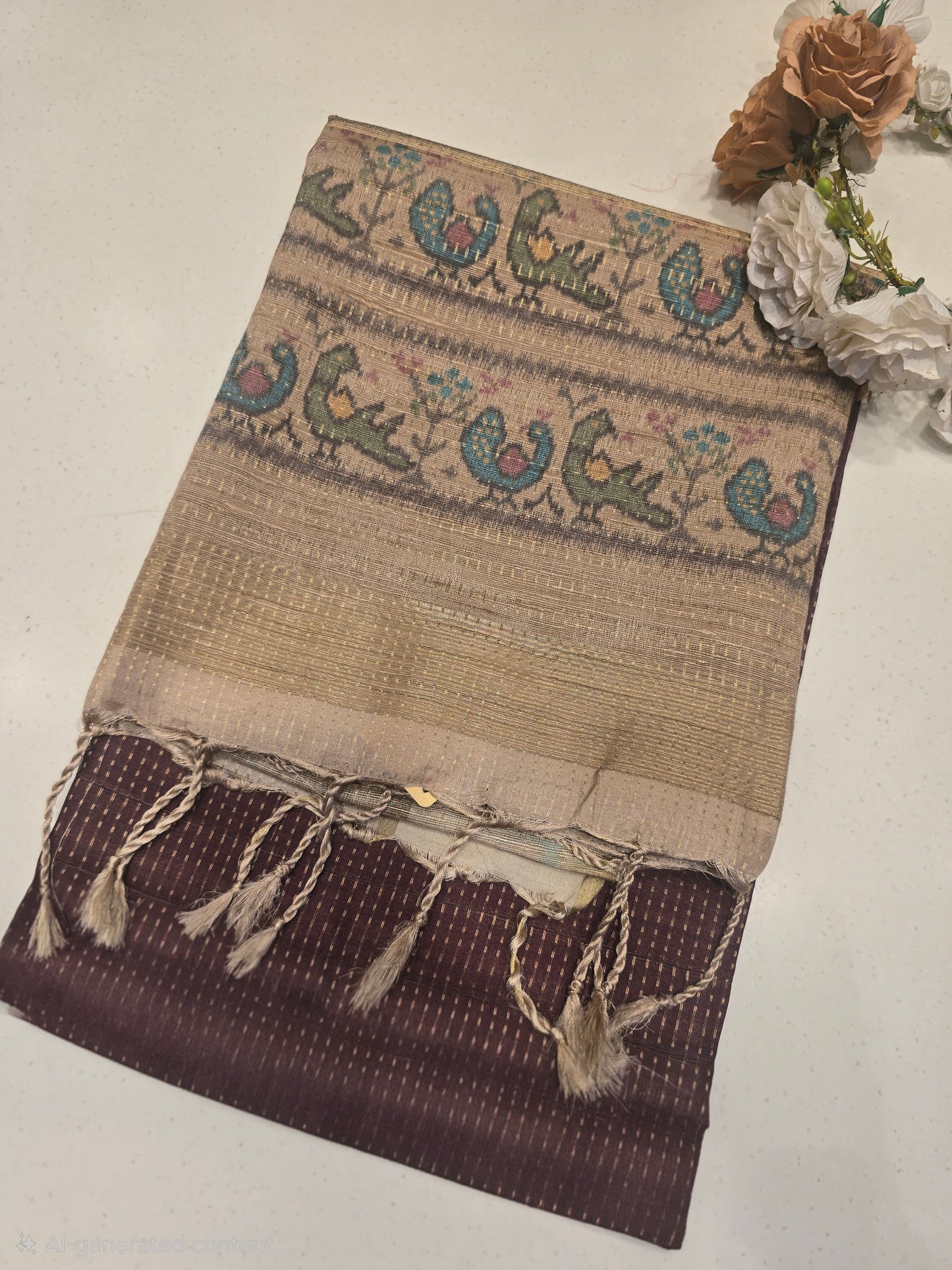 Soft Tussar Silk Saree with Jute Pallu & Fine Jari Lines | Beige Art Blouse | Lightweight Normal Wear Saree