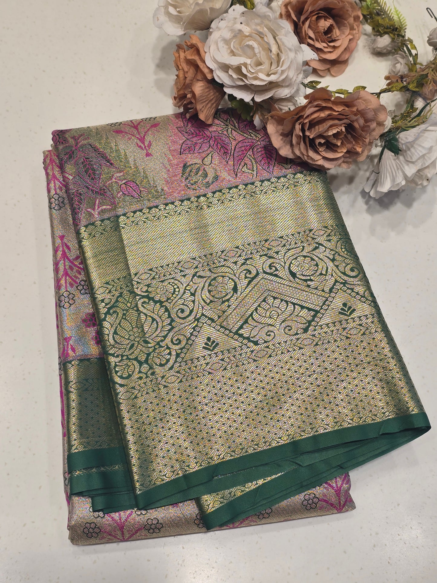 Women Gold Base Meena Semi Kanjivaram Tissue Silk Saree