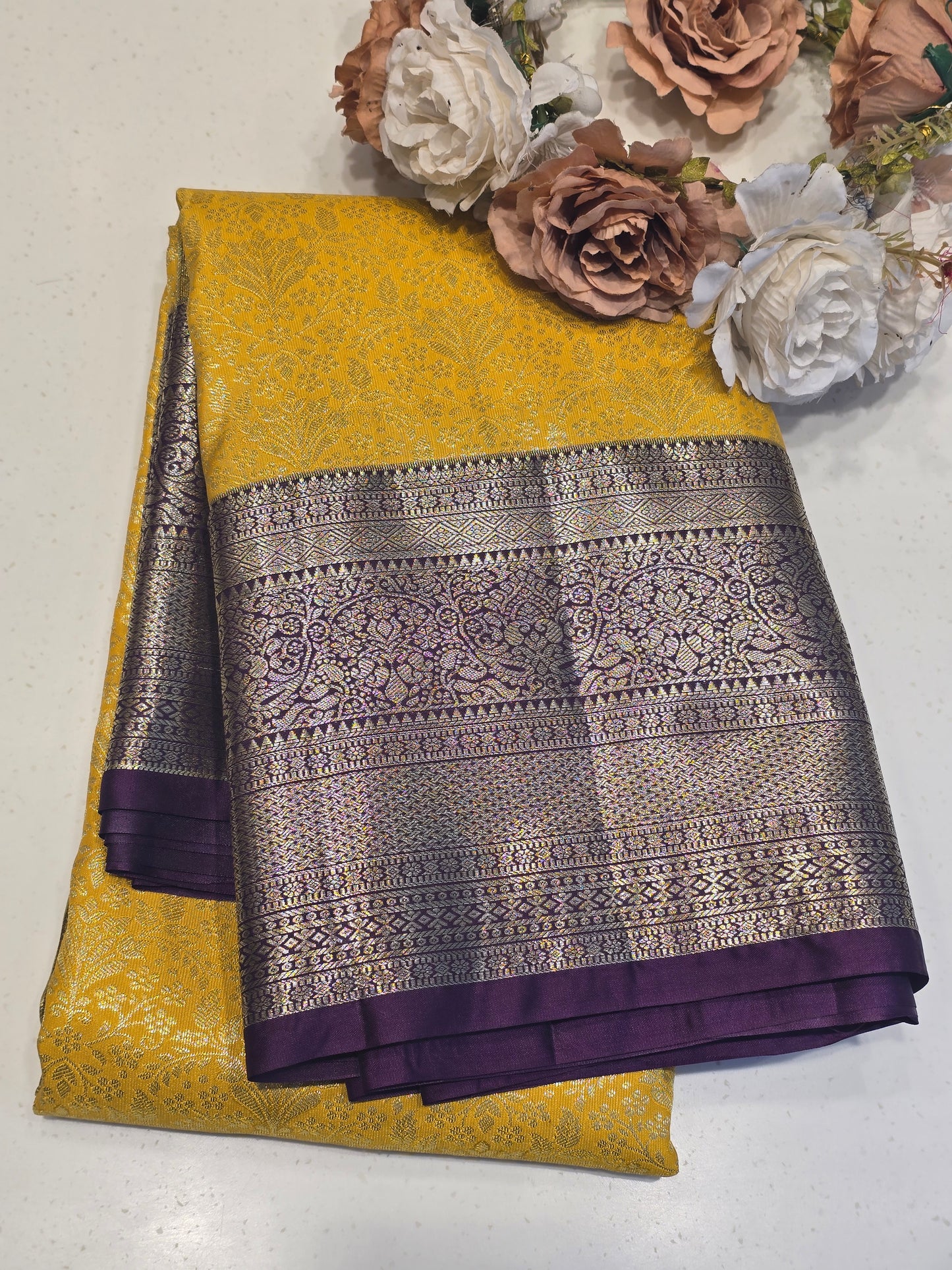 Women Bright Yellow Semi Kanjivaram Silk Saree