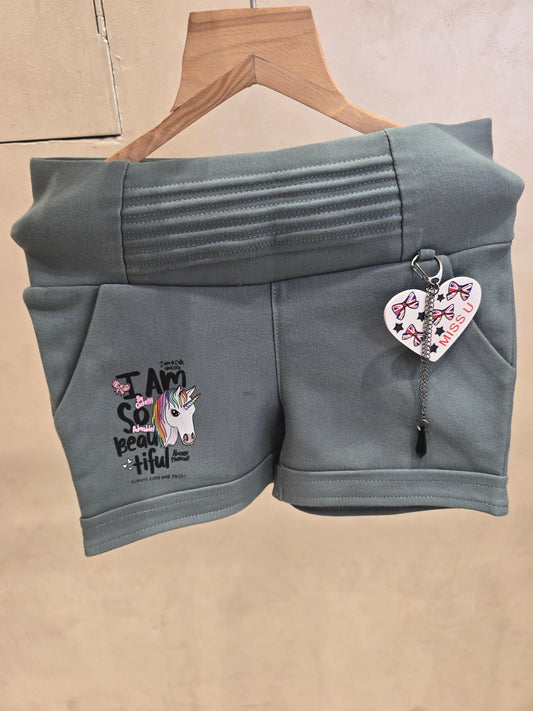 Girls Lycra Cotton Casual Wear Shorts in Sea Green with Elastic Waist, Key Chain Detail and Unicorn Rubber Print for Summer Wear