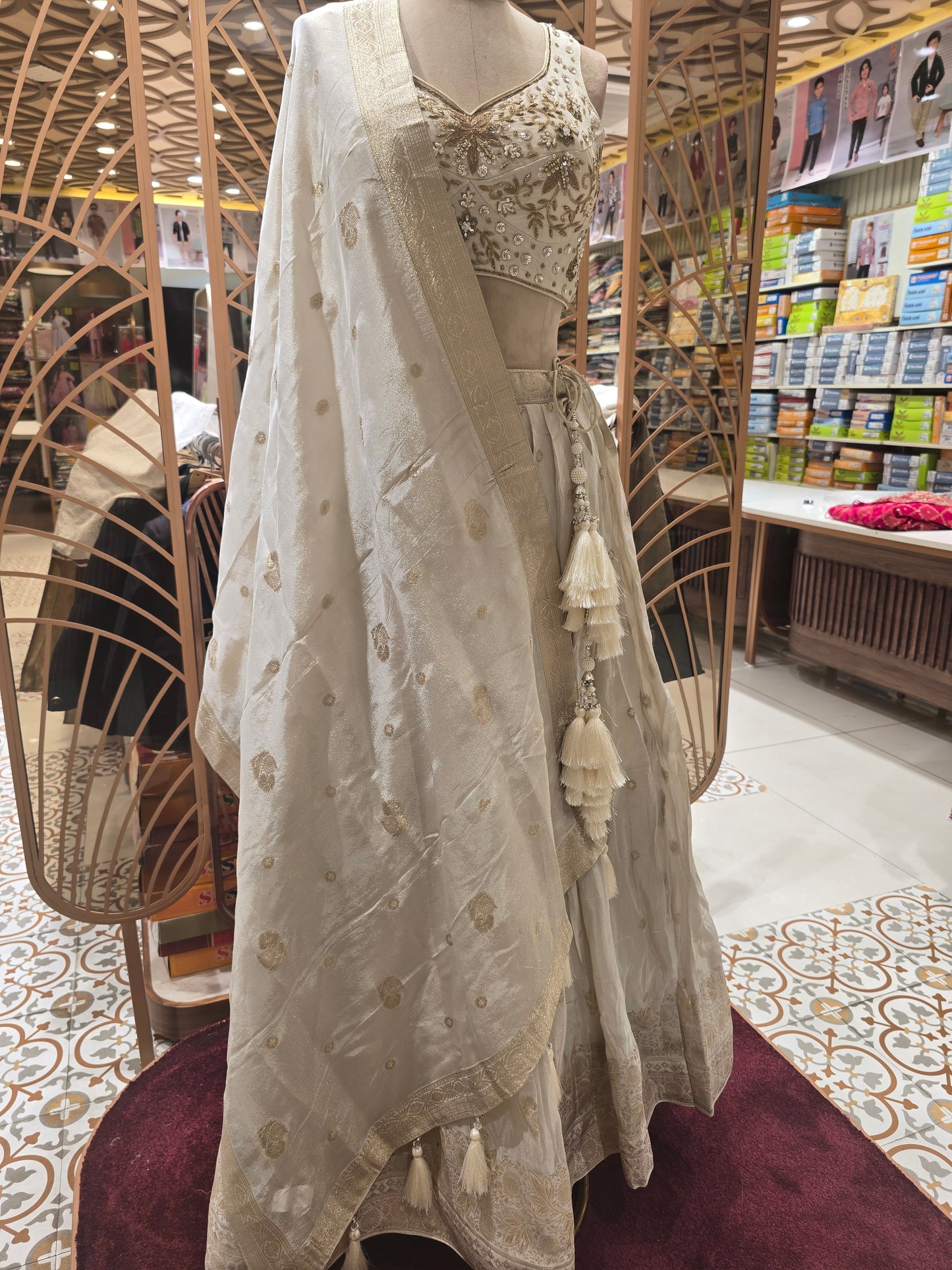 Half White Tissue Banarasi Lehenga with Banarasi Butta & Stone Work V-Neck Blouse | Tissue Banarasi Dupatta