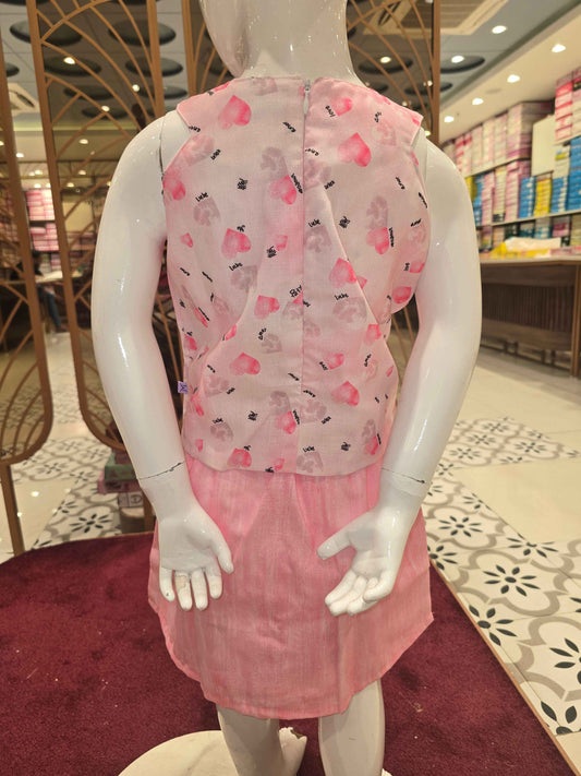 Printed cotton material baby pink colour skirt with top (western wear)