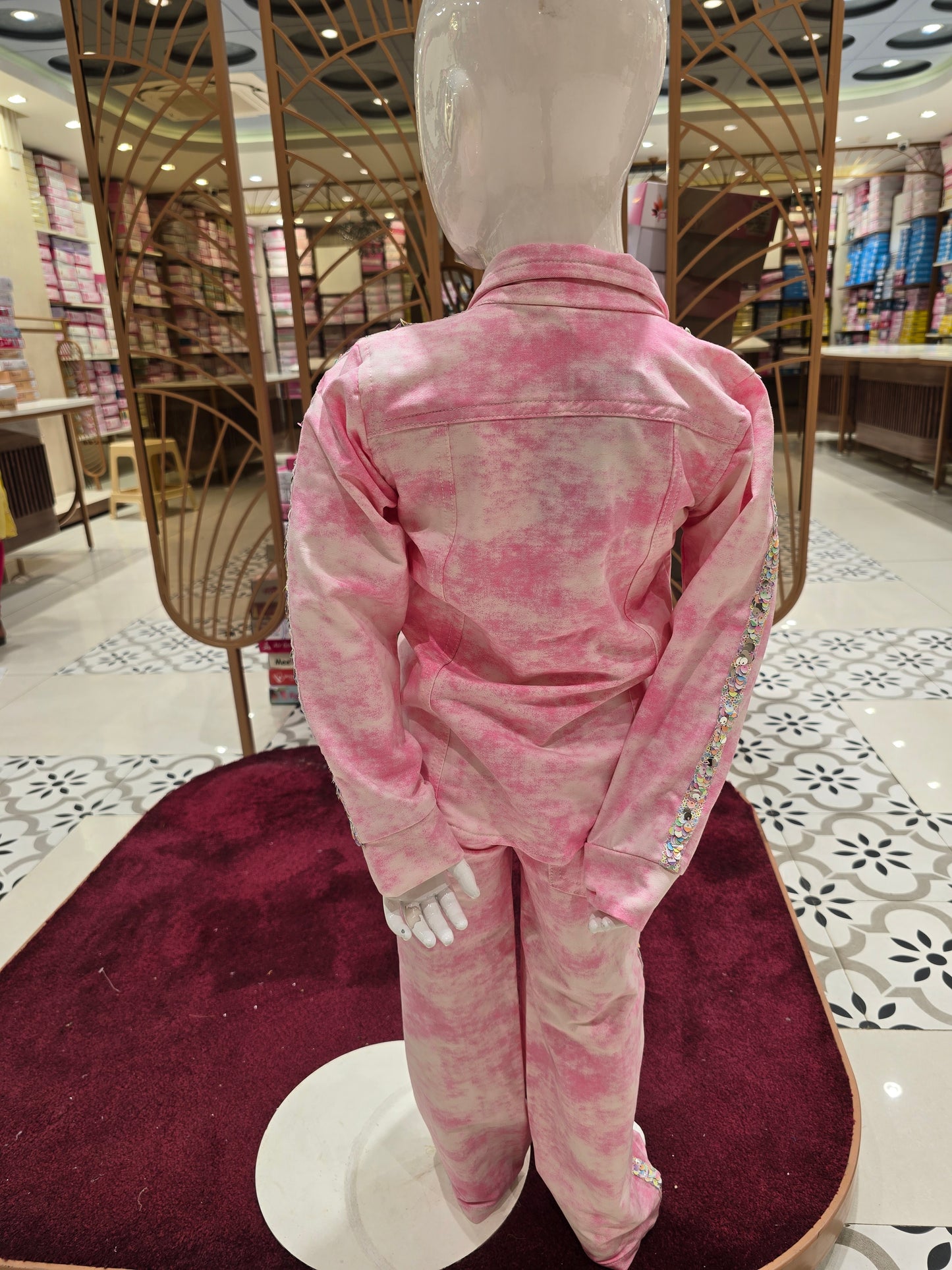 Pink & Cream Dual Shade Lycra Cotton Western Party Wear Set (2-Piece) with Sequin Sleeve Work