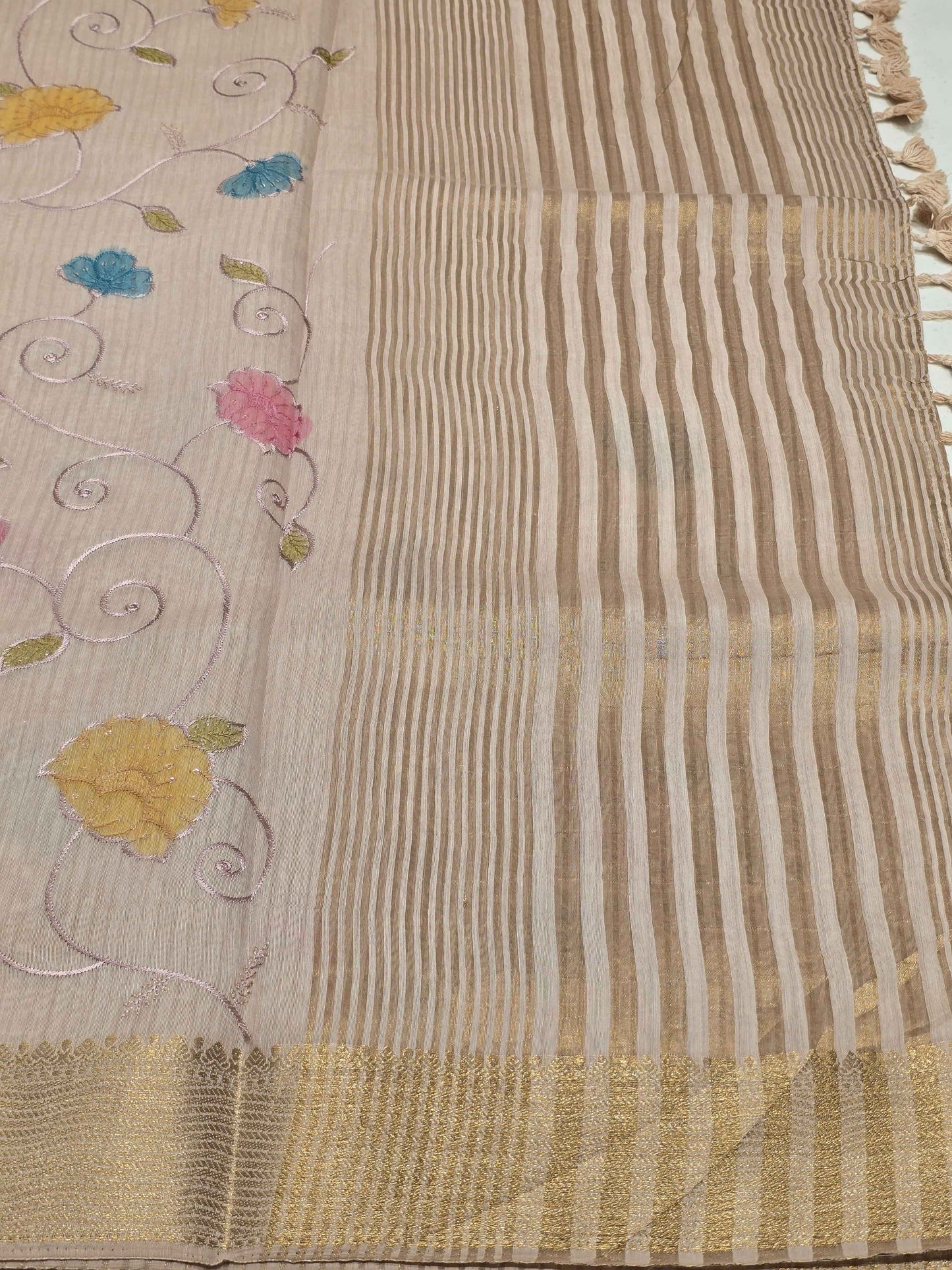 Tussar Saree with Multicolour Embroidery & Sequin