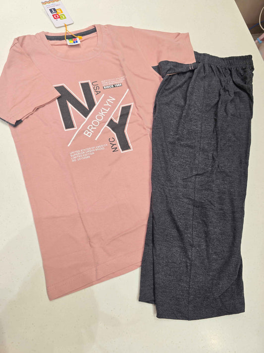 Boys Pink Graphic T-Shirt & Grey Shorts 2-Piece Set