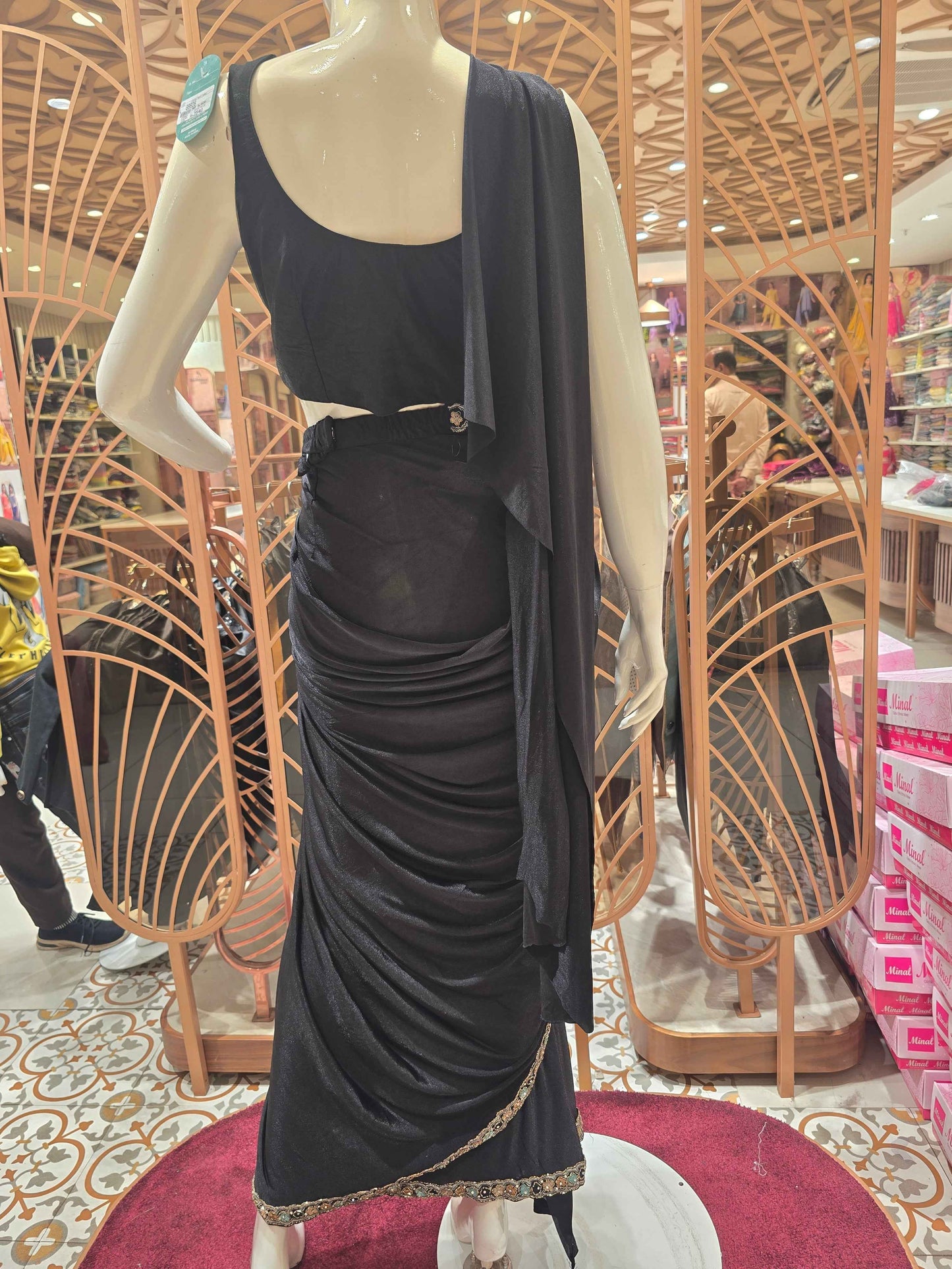 Women Black Lycra Satin Ready to Wear Saree Set