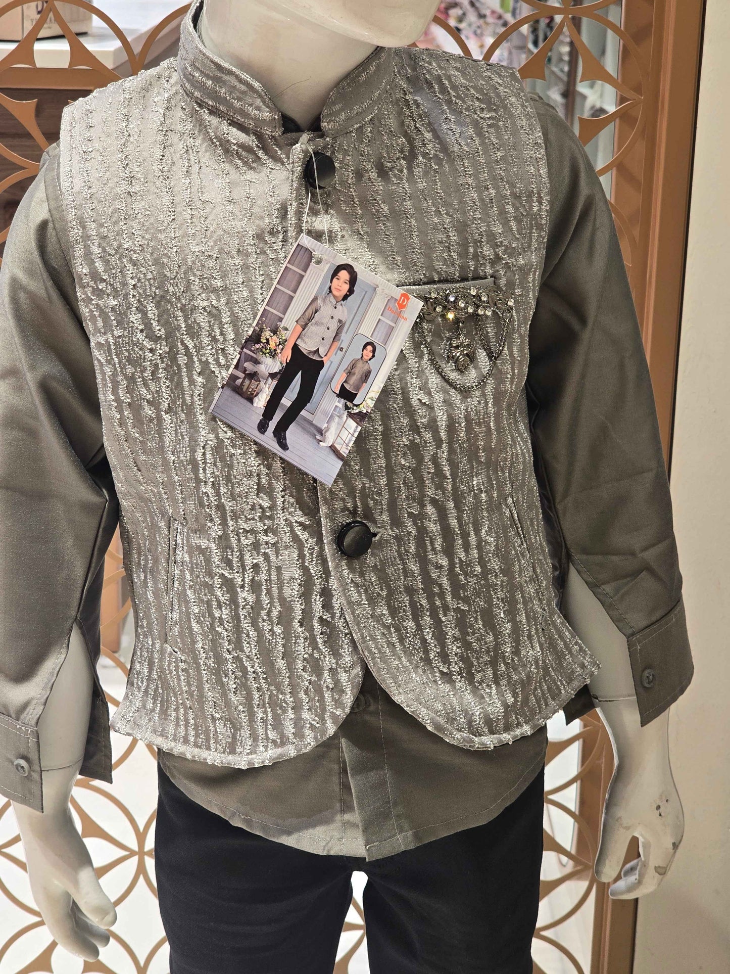 Jhardhosi material silver color party wear set for boys