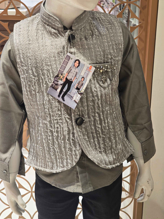 Jhardhosi material silver color party wear set for boys