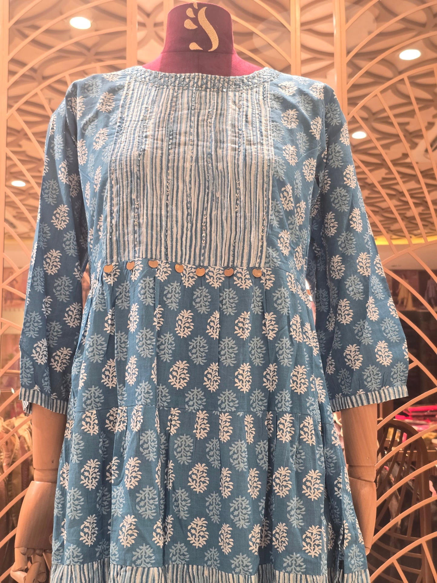 Women Blue Cotton Floral Anarkali Kurti