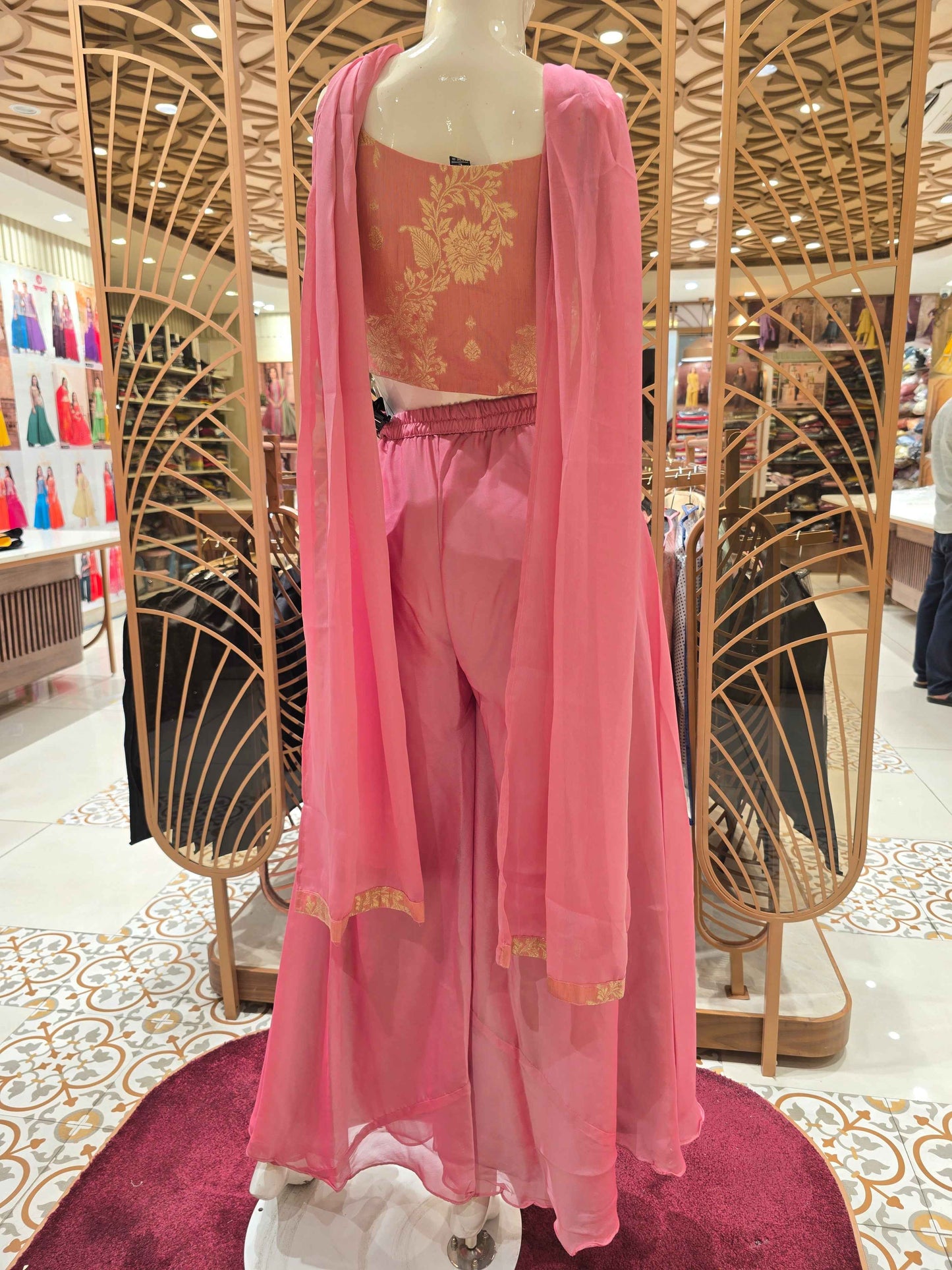Tissue Material baby pink colour plazo set with speghetti Sleeves