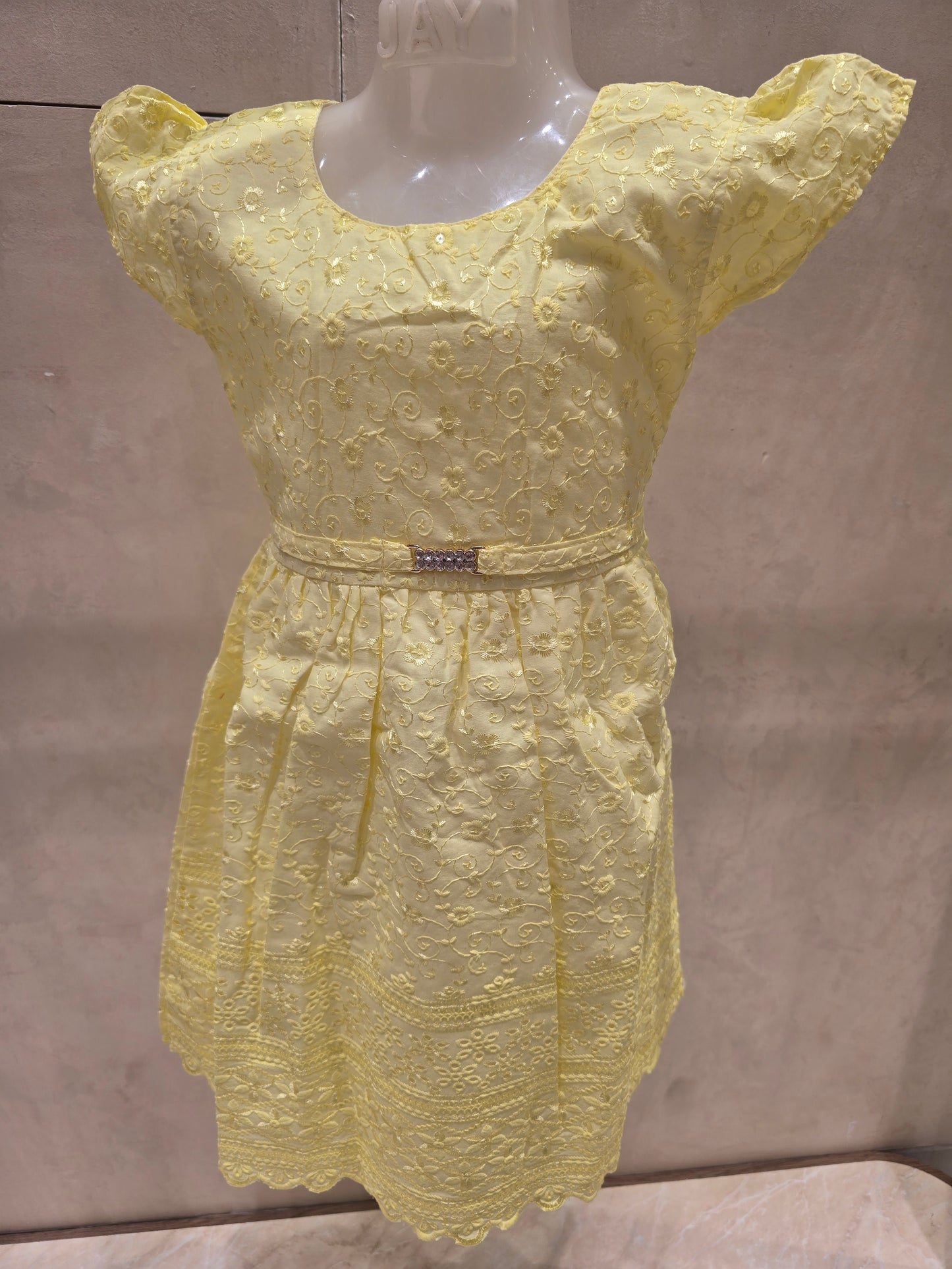 Lemon Yellow Pure Cotton Short Frock with Embroidery & Cutwork Bottom