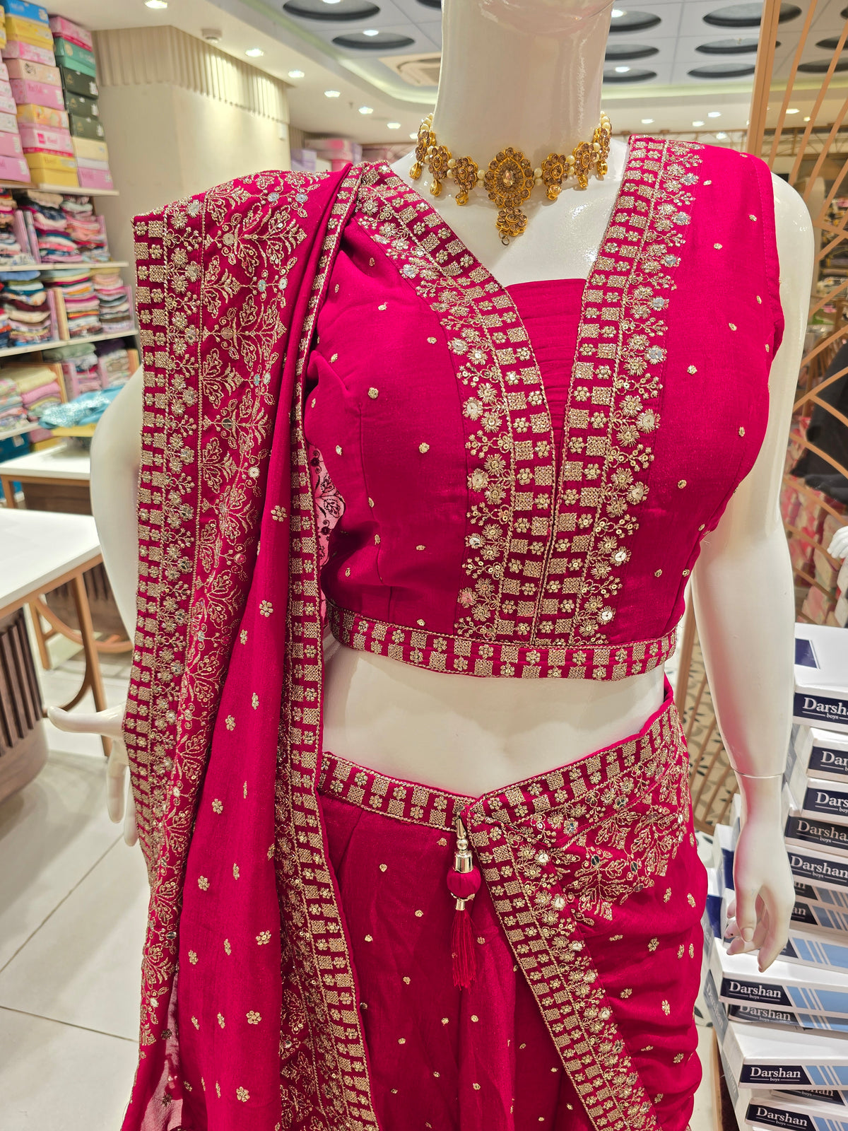 Rani Pink & Cream Georgette Lehenga Choli Set with Zari Embroidery