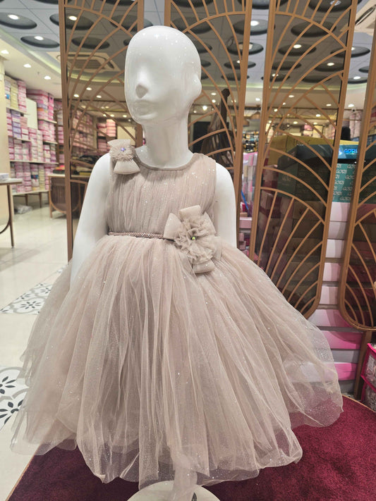 Shimmer Knitted material fawn colour party wear frock with two bow round neck