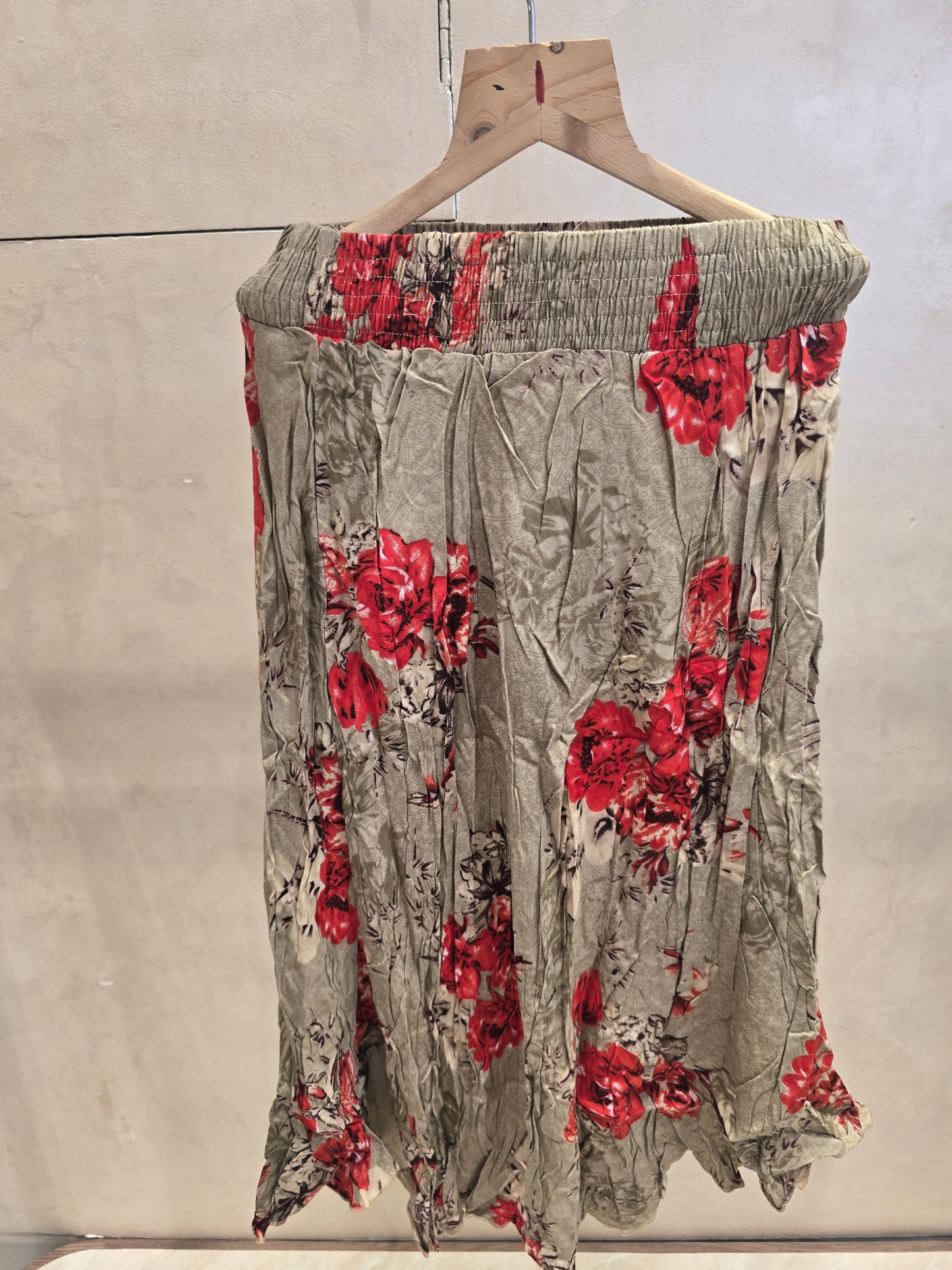 Girls Cotton Long Skirt in Cream with Red Rose Floral Prints and Elastic Waist for Summer Casual Wear