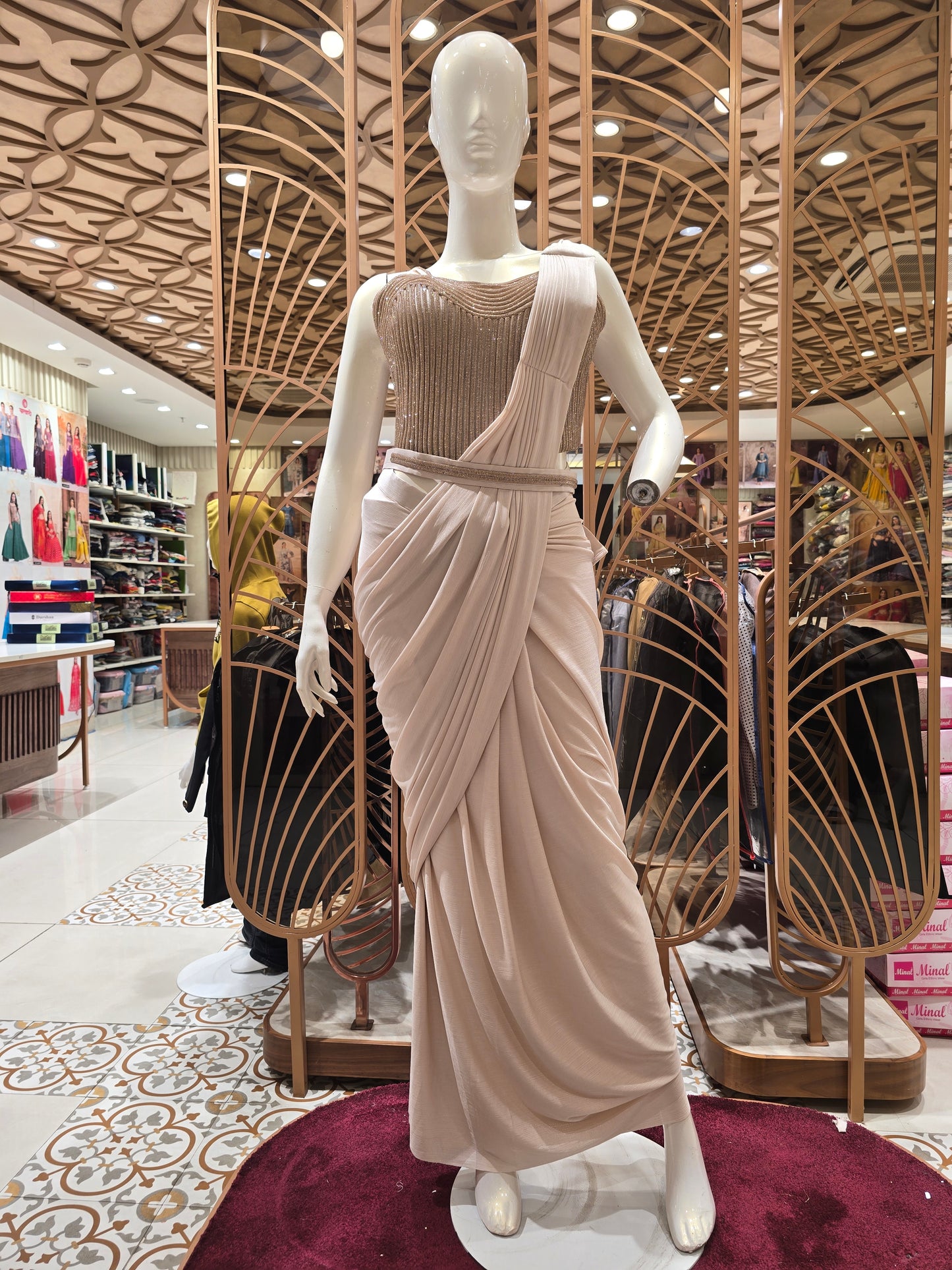 Gray Cream Satin Ready-to-Wear Saree