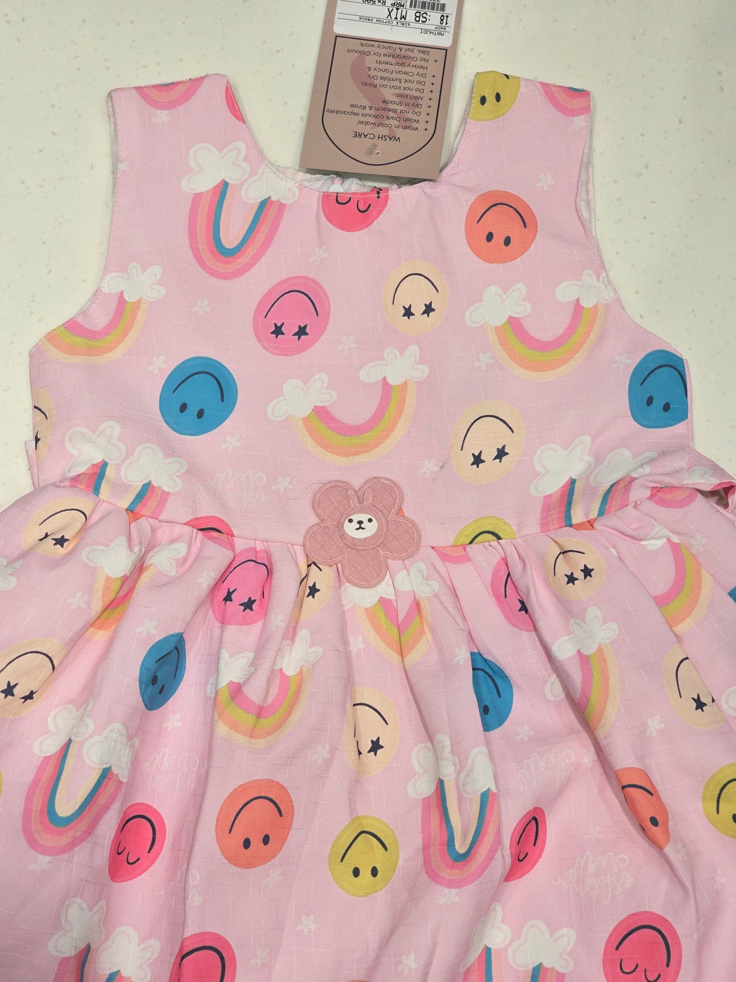 Printed cotton material baby frock with round neck