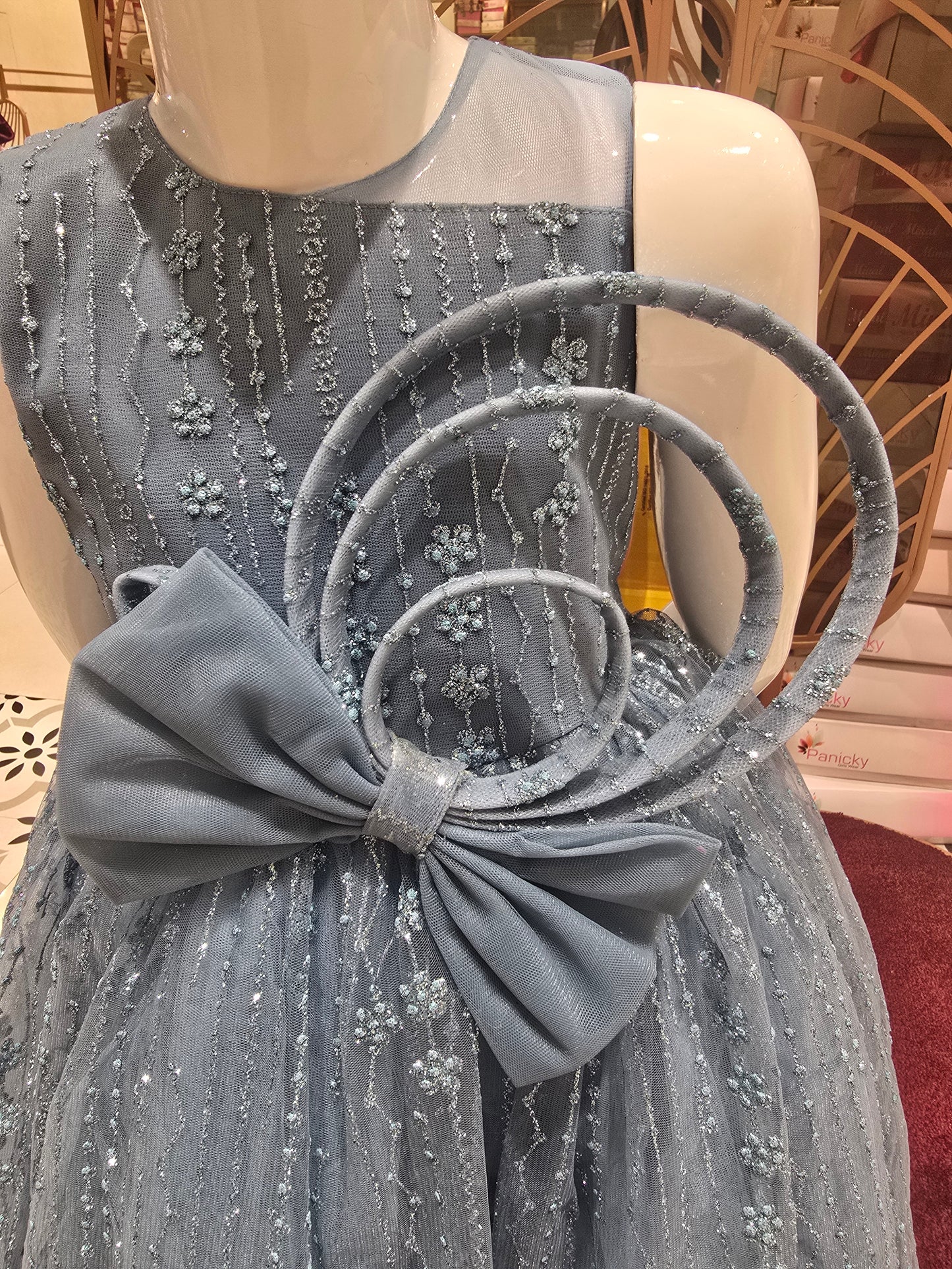 Light Blue Netted Glitter Party Gown with Detachable Bow, Half-Sleeve Look – Stylish Party Wear for Girls (Age 5, Size 24)