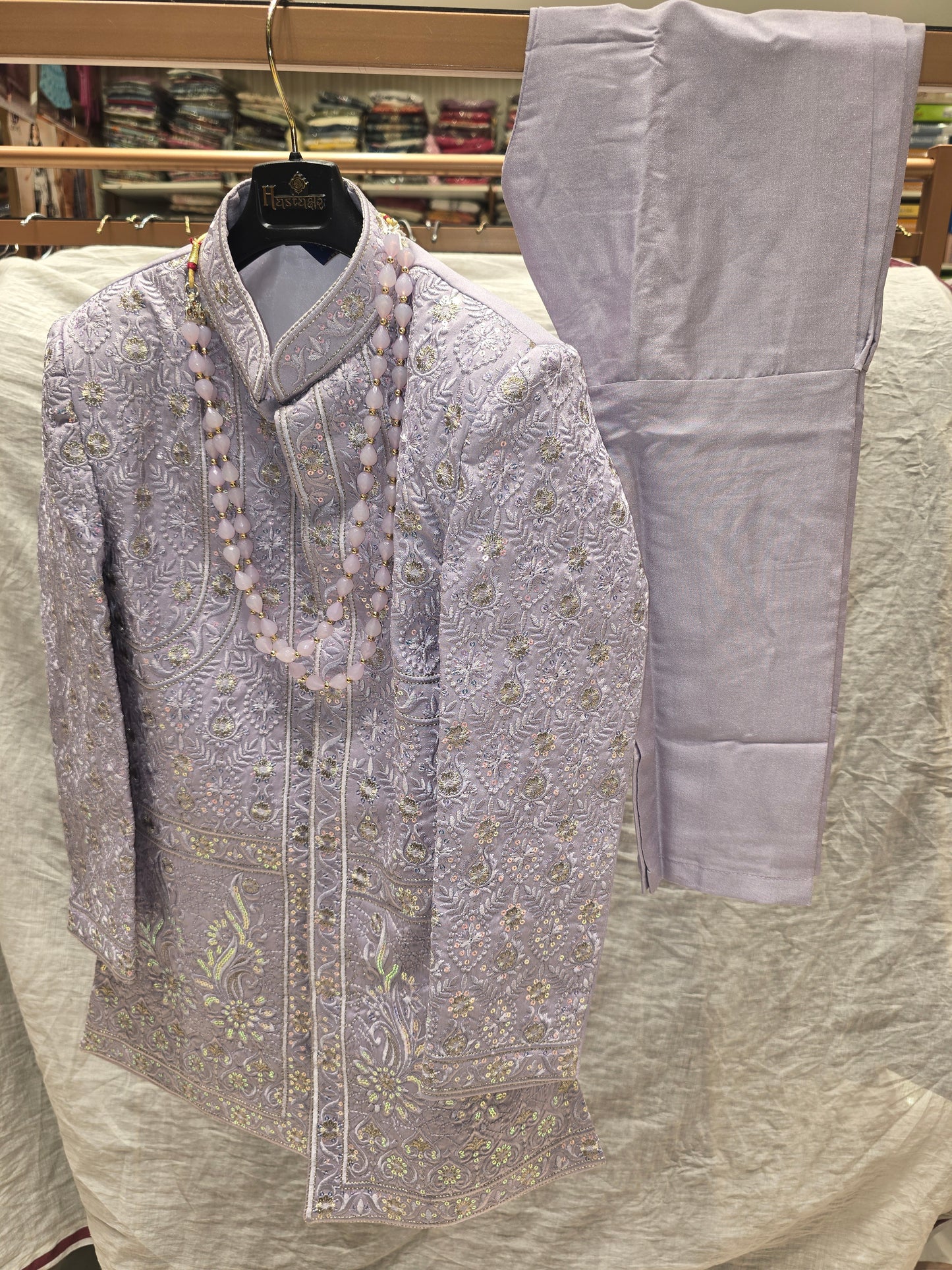 Boys Lavender Dupion Silk Indo-Western Set with Thread Embroidery and Micro Sequin Work