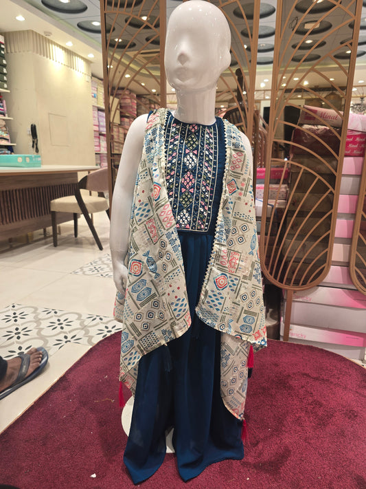 Girl Peacock Blue Crepe Mirror Work Plazo Set