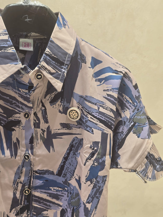 Girl Cream Blue Printed Satin Western Shirt