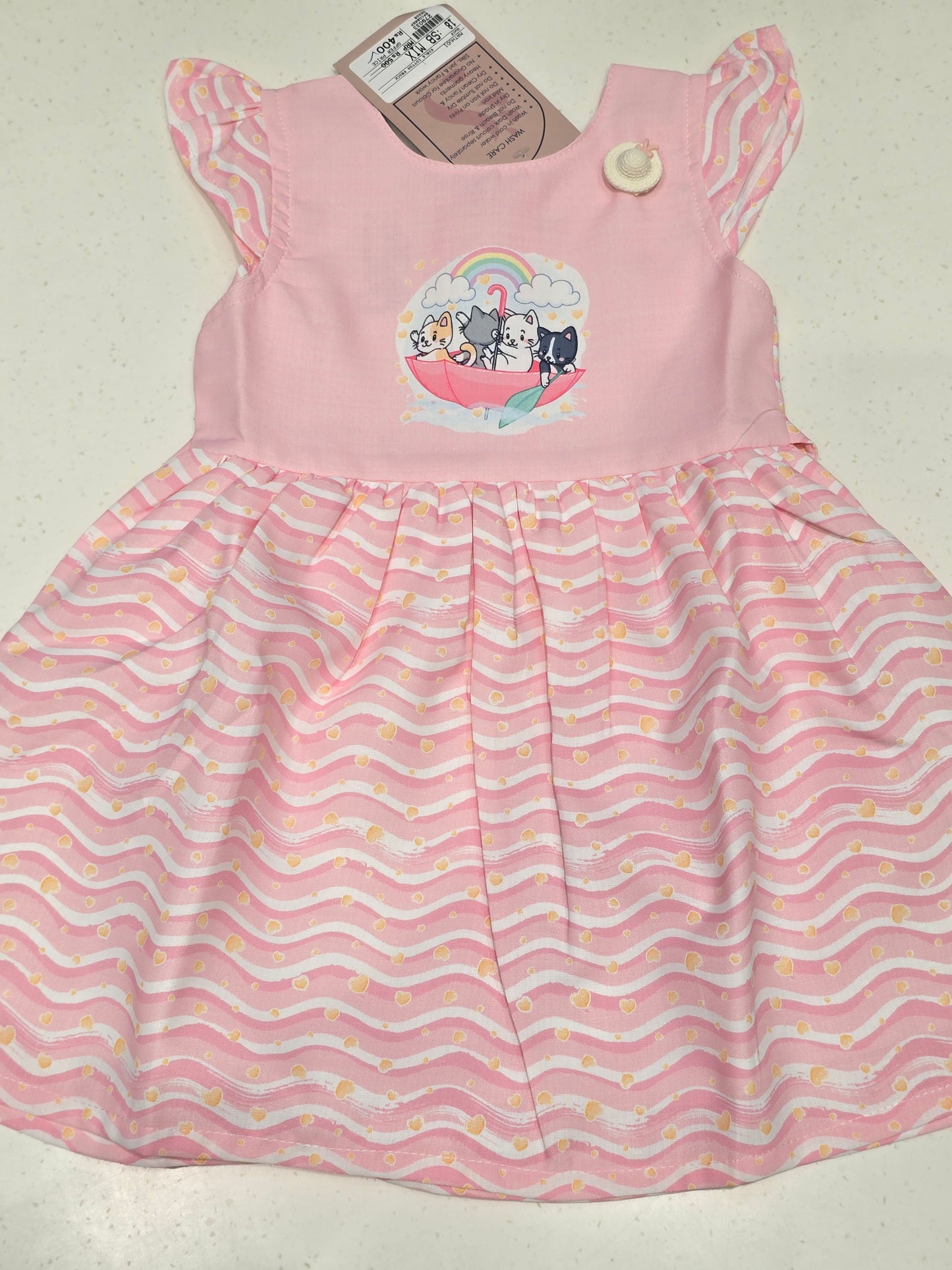 Cotton material babypink with white color frock with mega Sleeves