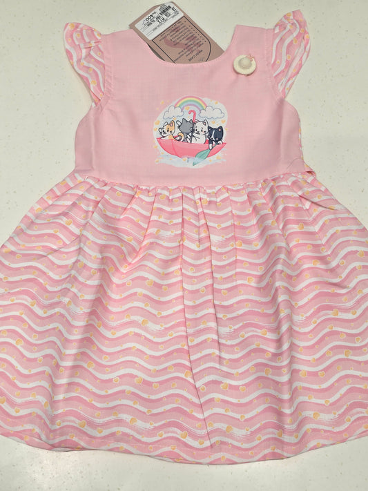 Cotton material babypink with white color frock with mega Sleeves