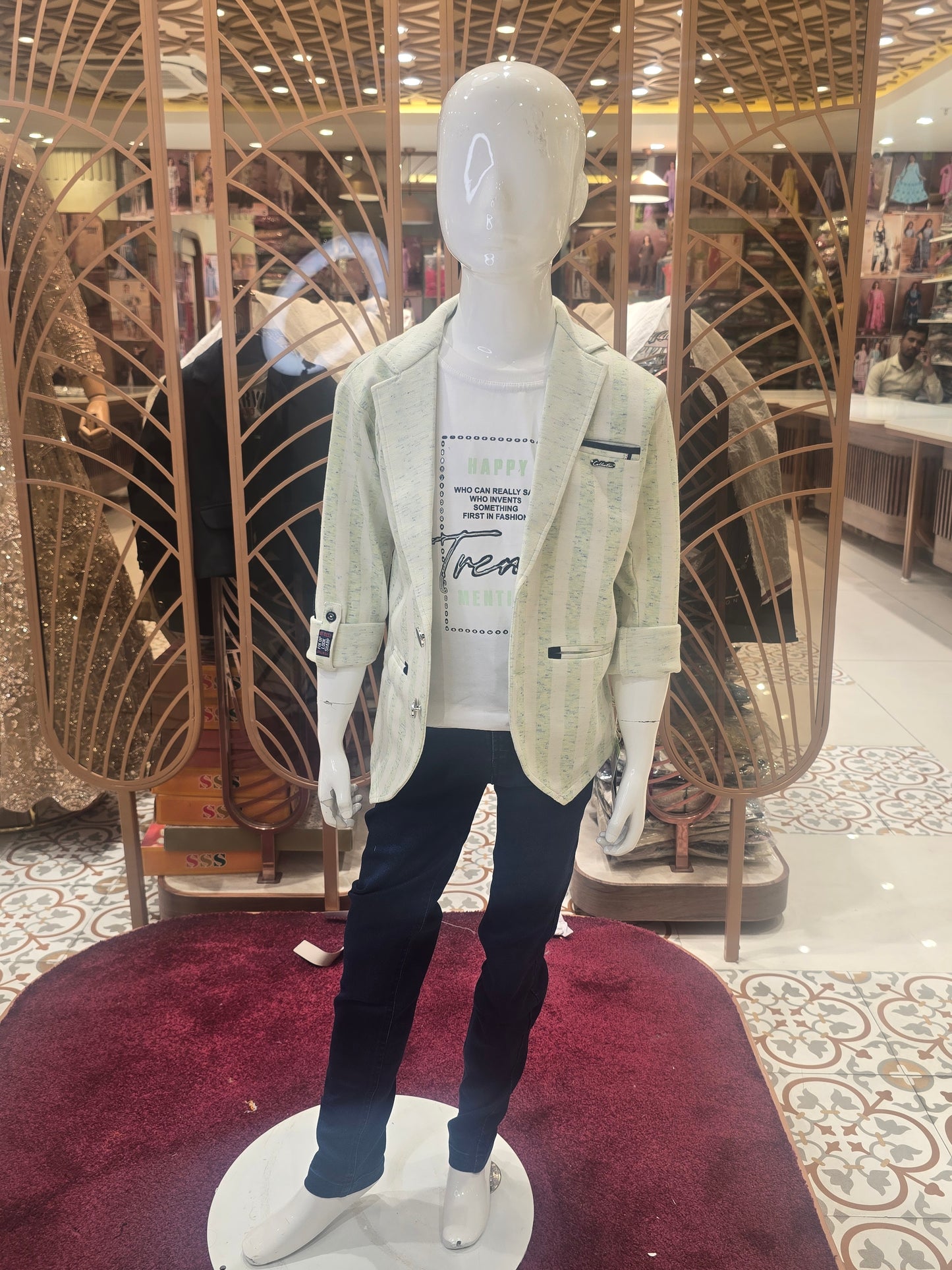 Boys Lycra Cotton 3 Piece Summer Wear Set in Sea Green and White Script Print with Blazer Pocket Design, Printed T-Shirt and Blue Denim Jeans for Casual and Party Wear