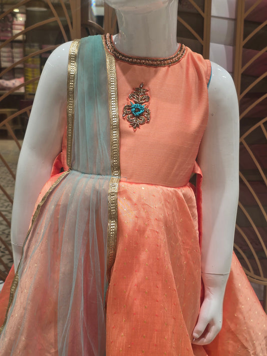 Girls Raw Silk Short Frock with Butta Design and I-Neck