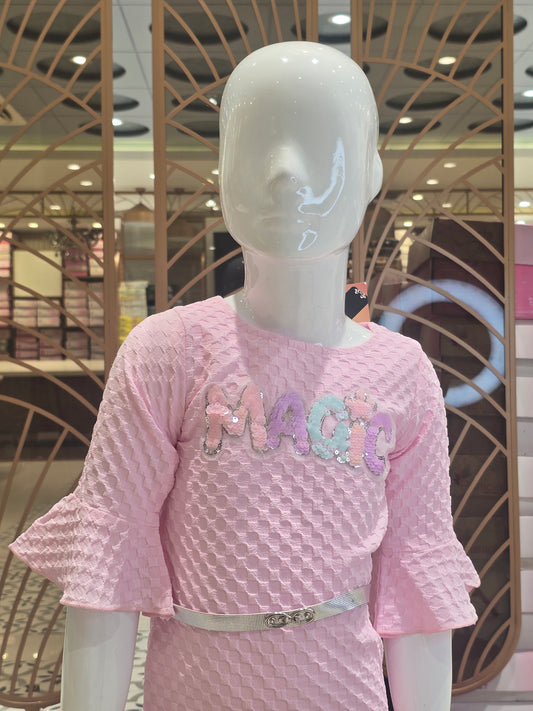 Baby Pink Lycra Cotton Western Dress for Girls with Sequin Letter Print and Stylish Waist Belt