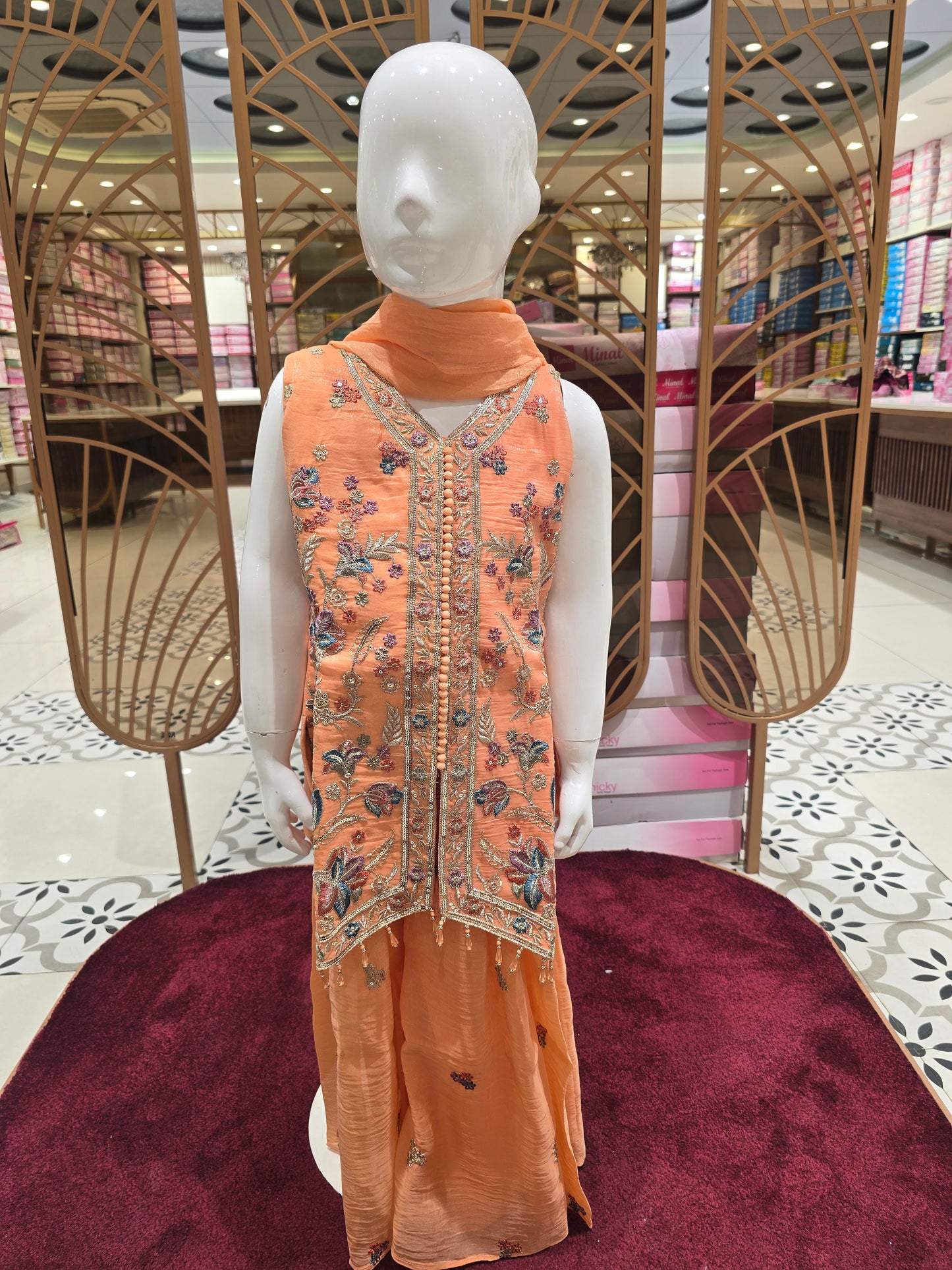 Girls Peach Crepe V Neck Sharara Set