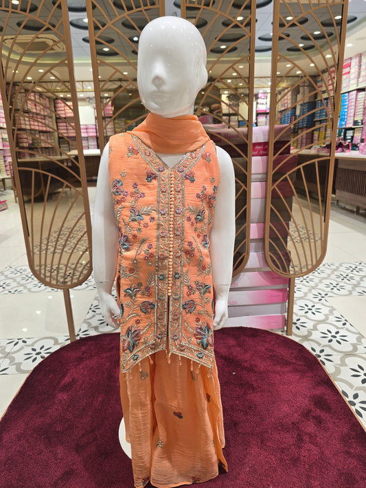 Girls Peach Crepe V Neck Sharara Set