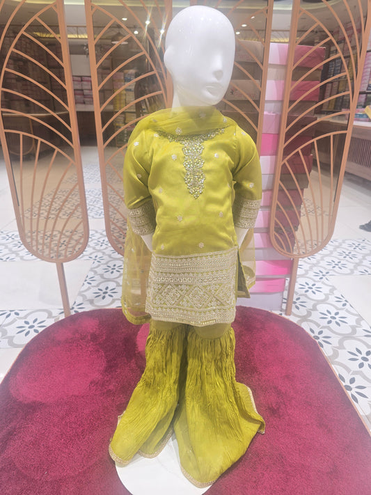 Girls Mehndi Green Tissue Sharara Set with Handworked Neck and Zari Dupatta