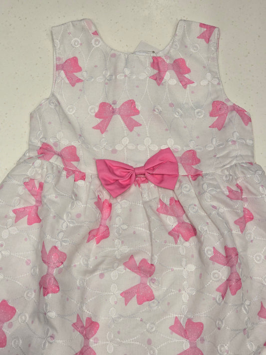 Girls White Cotton Baby Frock with Pink Printed Bow