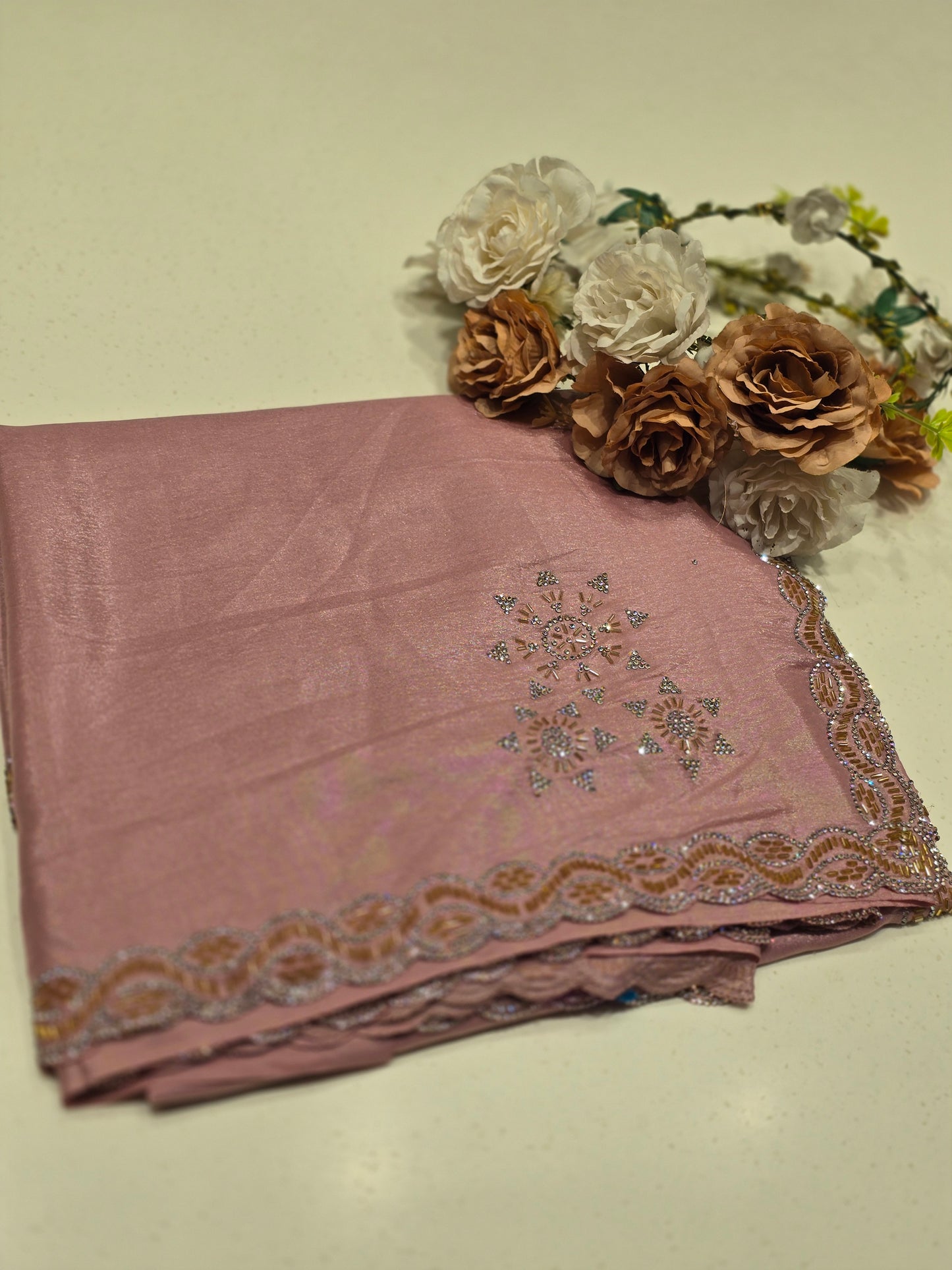 Shining Satin Saree with Stone Work & Cutwork Border – Onion Pink | Festive & Daily Wear