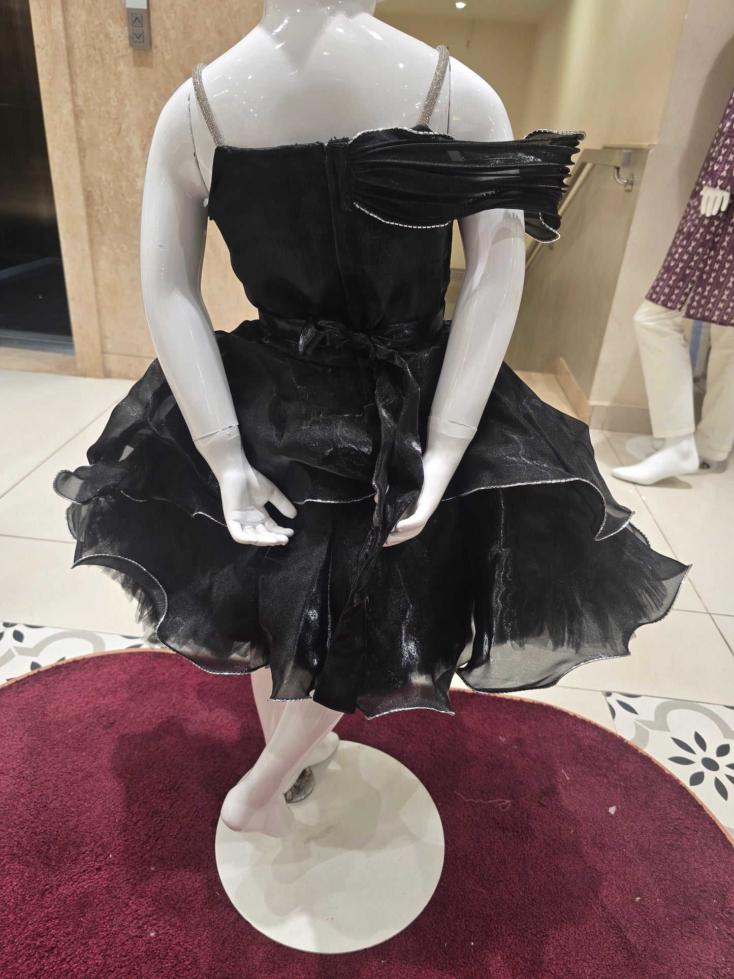 Black Organza Partywear Frock for Girls – Layered Ruffle Design with Elegant Belt