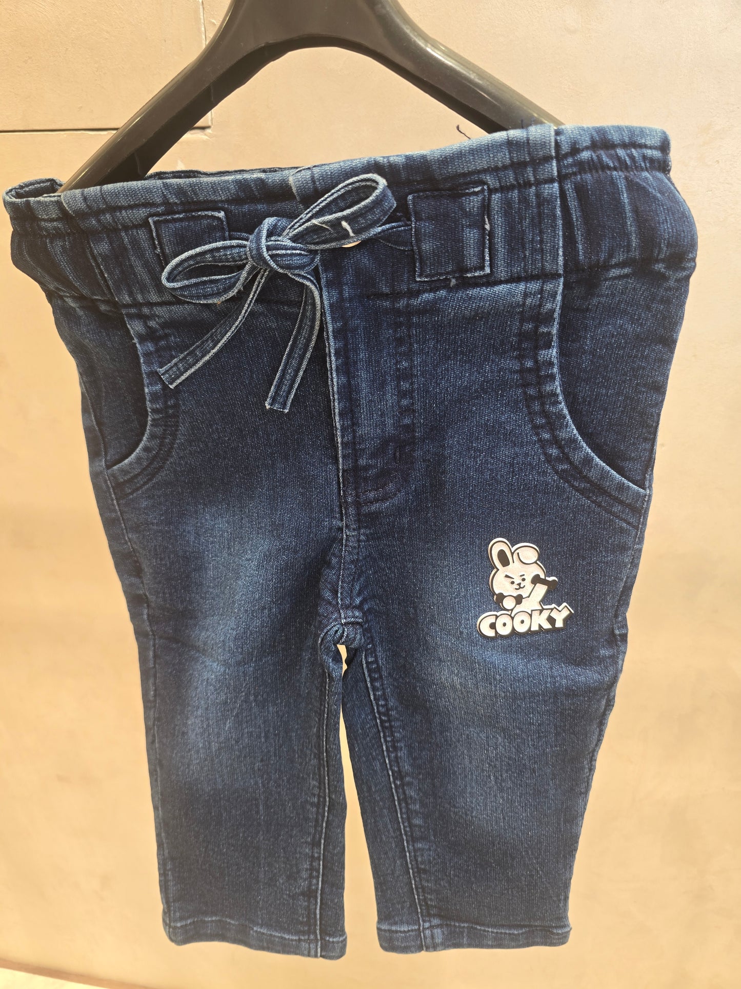 Girls Dark Blue Denim Style Capri Jeans with Rubber Print, Two Pocket Design and Attachable Waist Tie for Summer Casual Wear