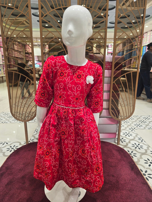 Girls Red Cotton Bandhini Print Western Set