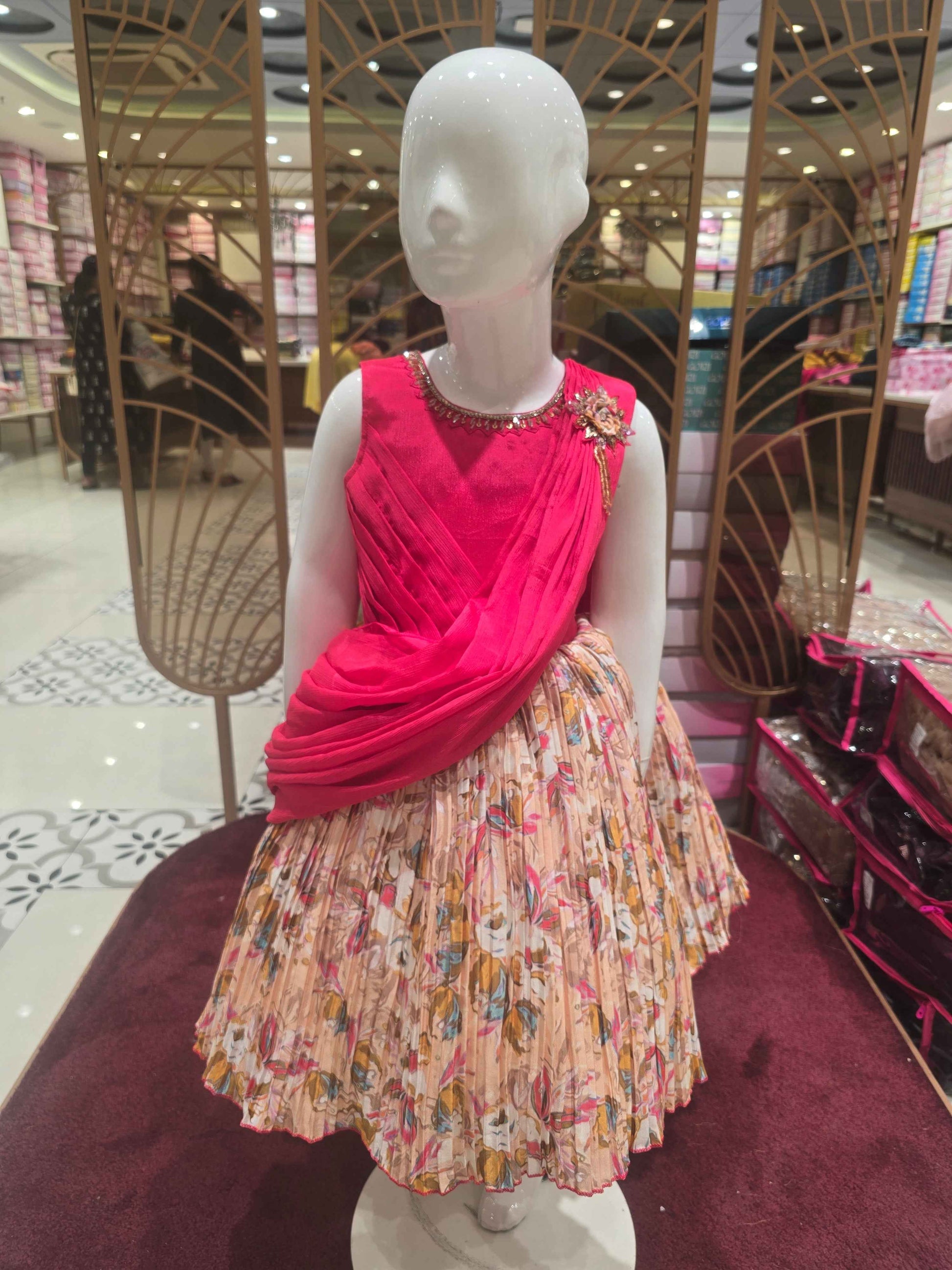 Georgette Material orangish pink with digital printed baby frock , saree model( pallu design) and round neck