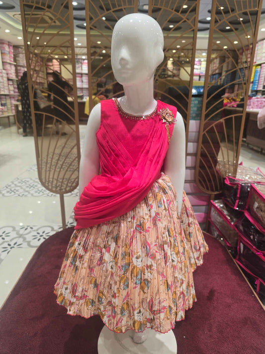 Georgette Material orangish pink with digital printed baby frock , saree model( pallu design) and round neck