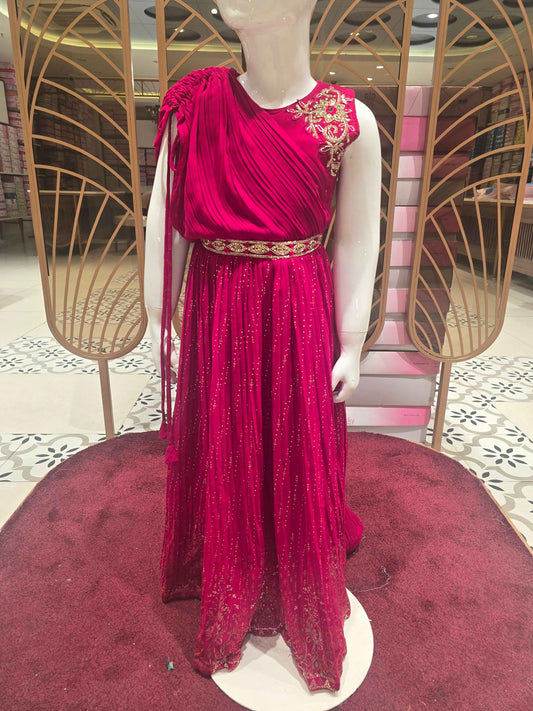 Girl Rani Pink Printed Chiffon Ethnic Gown