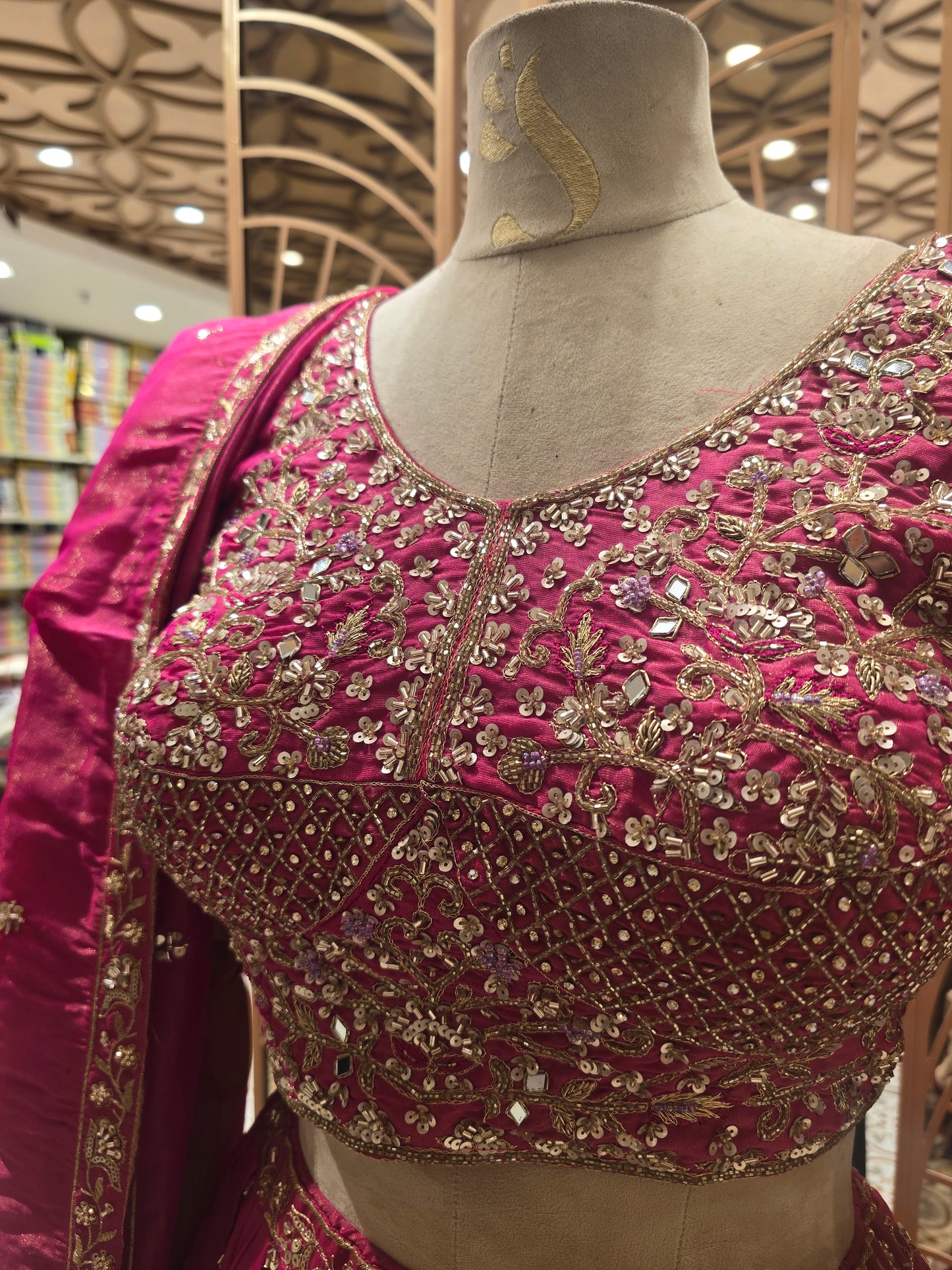 Rani Pink Tissue Bridal Lehenga with Handwork Blouse & Stone–Sequin Detailing | Elbow Sleeve & Tissue Dupatta