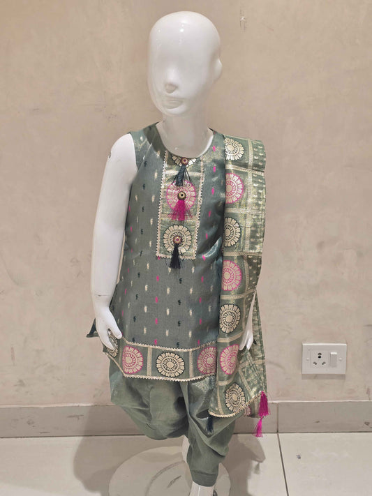 Light Green Tissue Silk Patiala Set for Girls